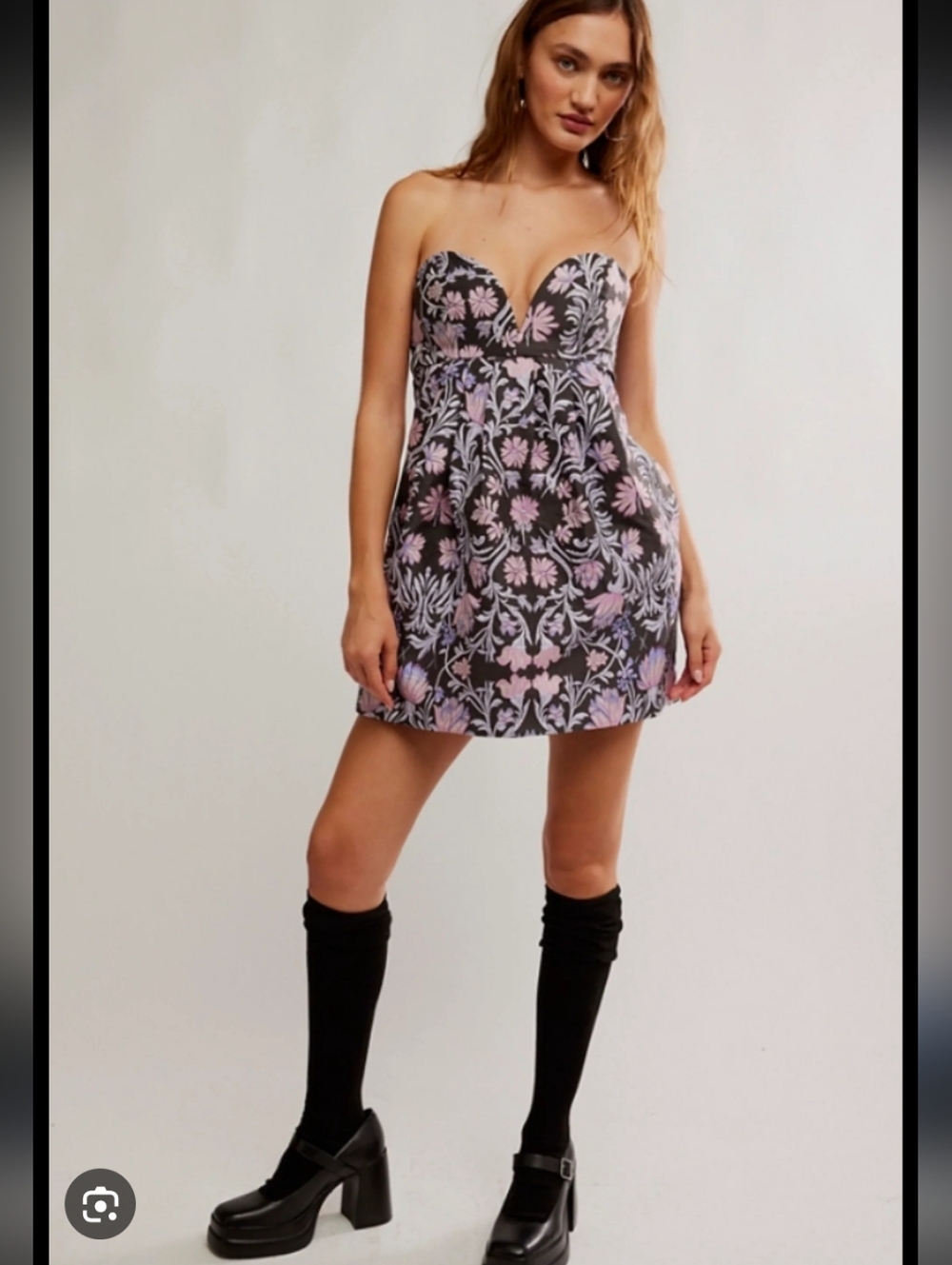Free People Strapless Grey Floral Jacquard Dress with Pink & Lavender Motif
